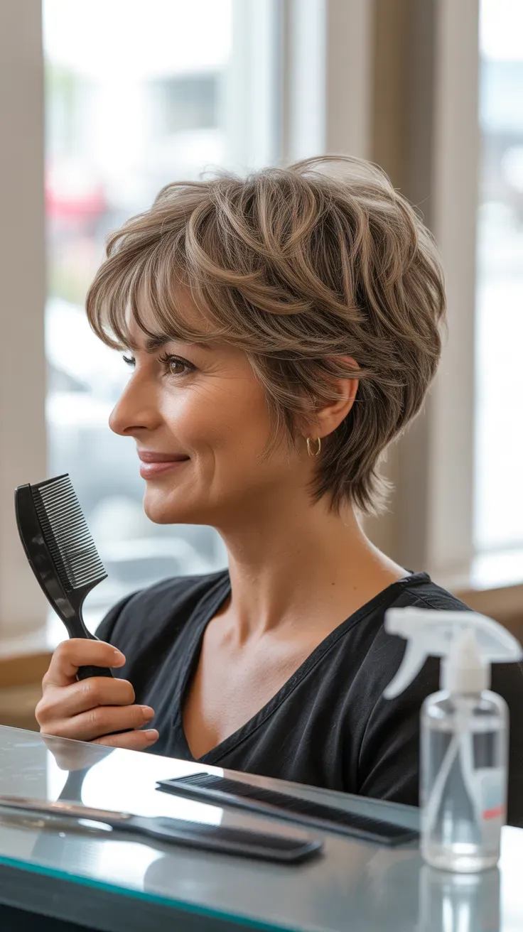 Short layered shag haircut on woman over 50 with thin fine hair