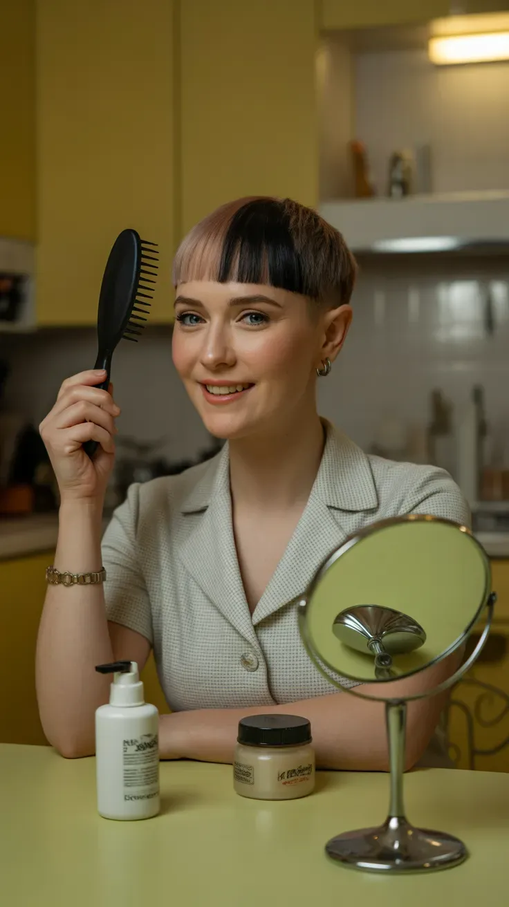 Textured crop haircut with micro bangs on woman over 50