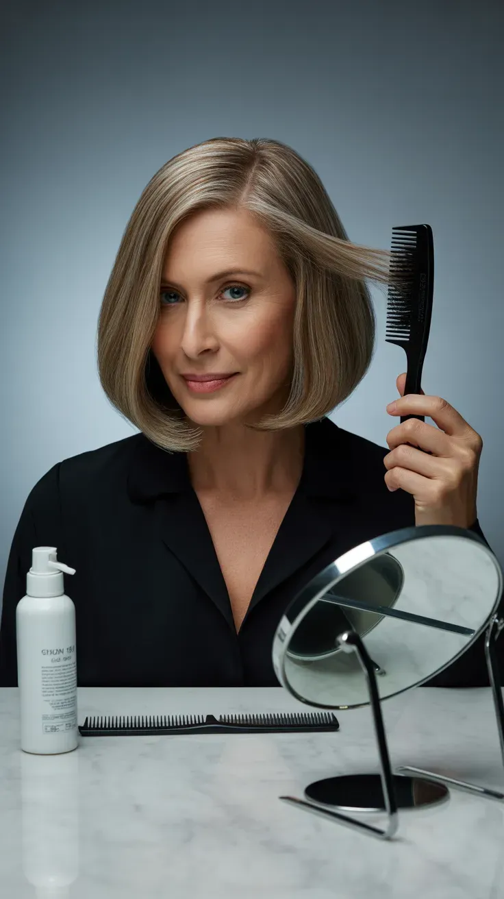 One-length bob haircut styled with blow-dry volume for thin fine hair