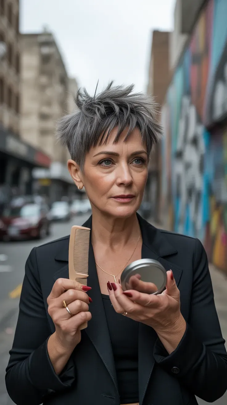 Piecey textured crop haircut on woman over 50 with defined pieces