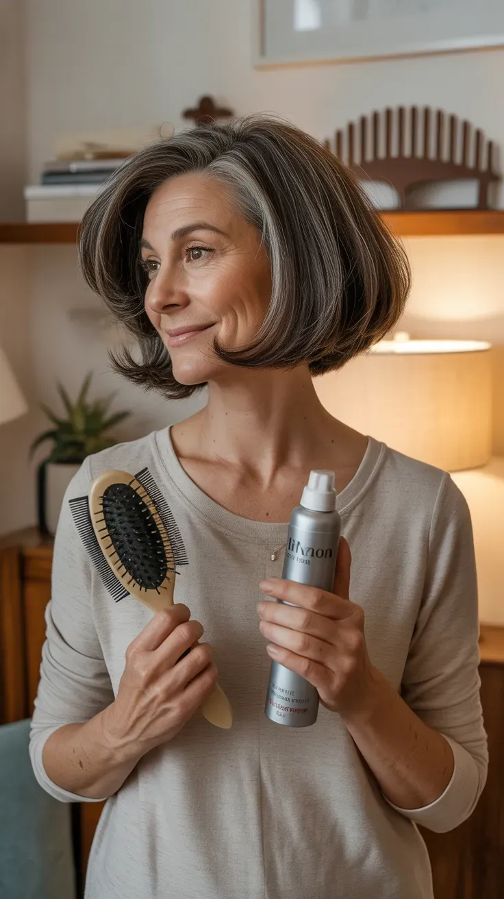 Rounded bob haircut with root volume on woman over 50