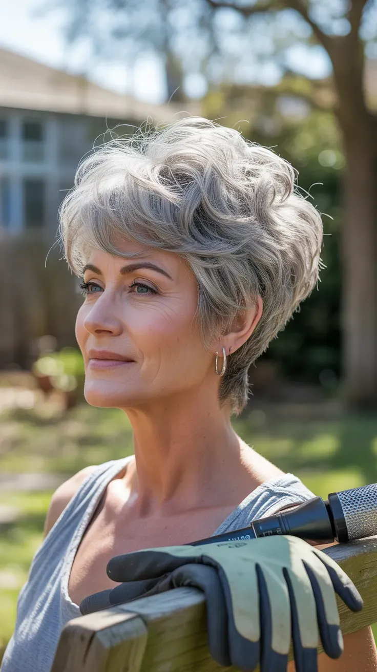 Textured silver pixie haircut on a gray-haired woman over 50
