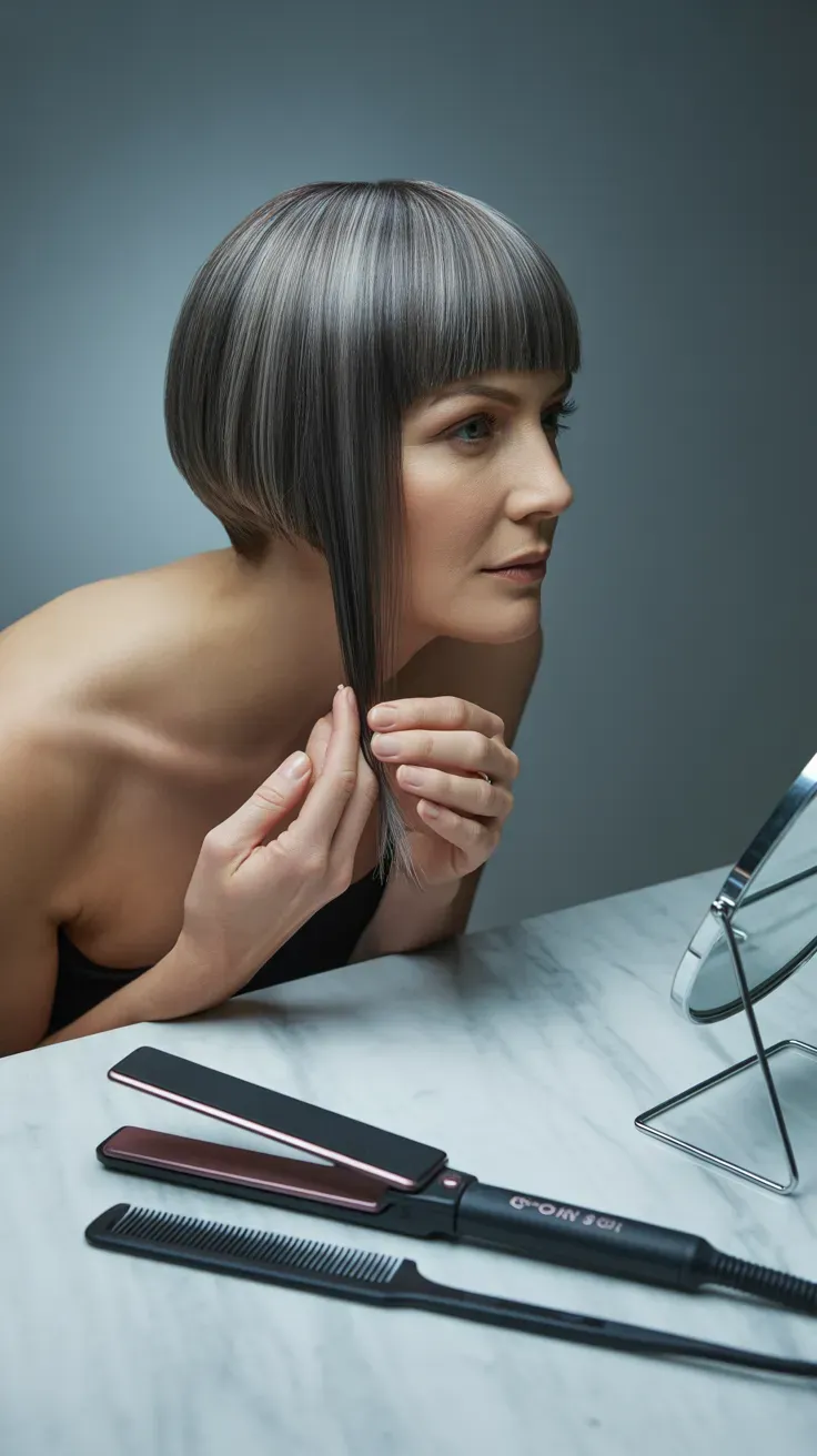 Sleek straight pixie haircut on woman over 50 with polished finish