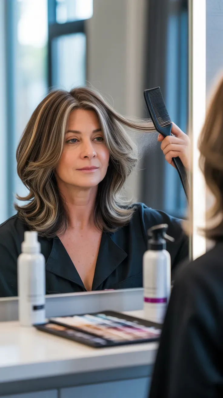 Medium length shag haircut with subtle highlights on woman over 50