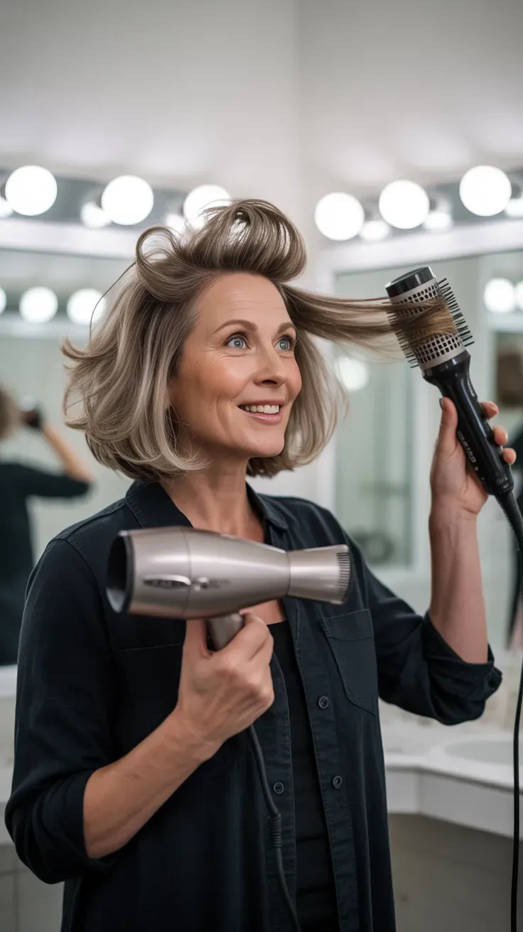 Textured bob haircut styled with root lift for thin fine hair