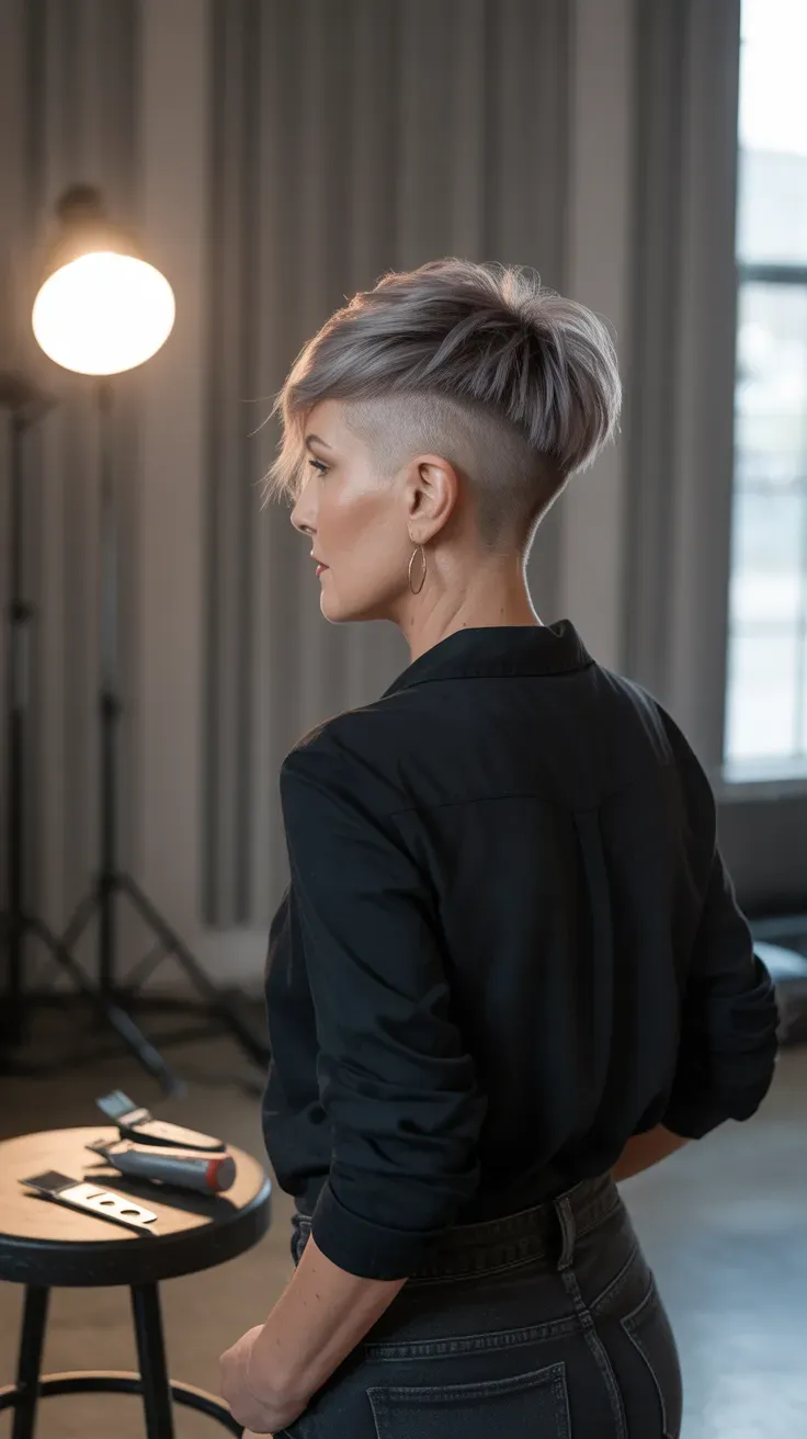 Undercut pixie haircut on woman over 50 with shaved nape detail
