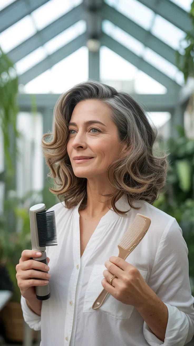 Medium length wavy hairstyle styled with volumizing spray for thin fine hair