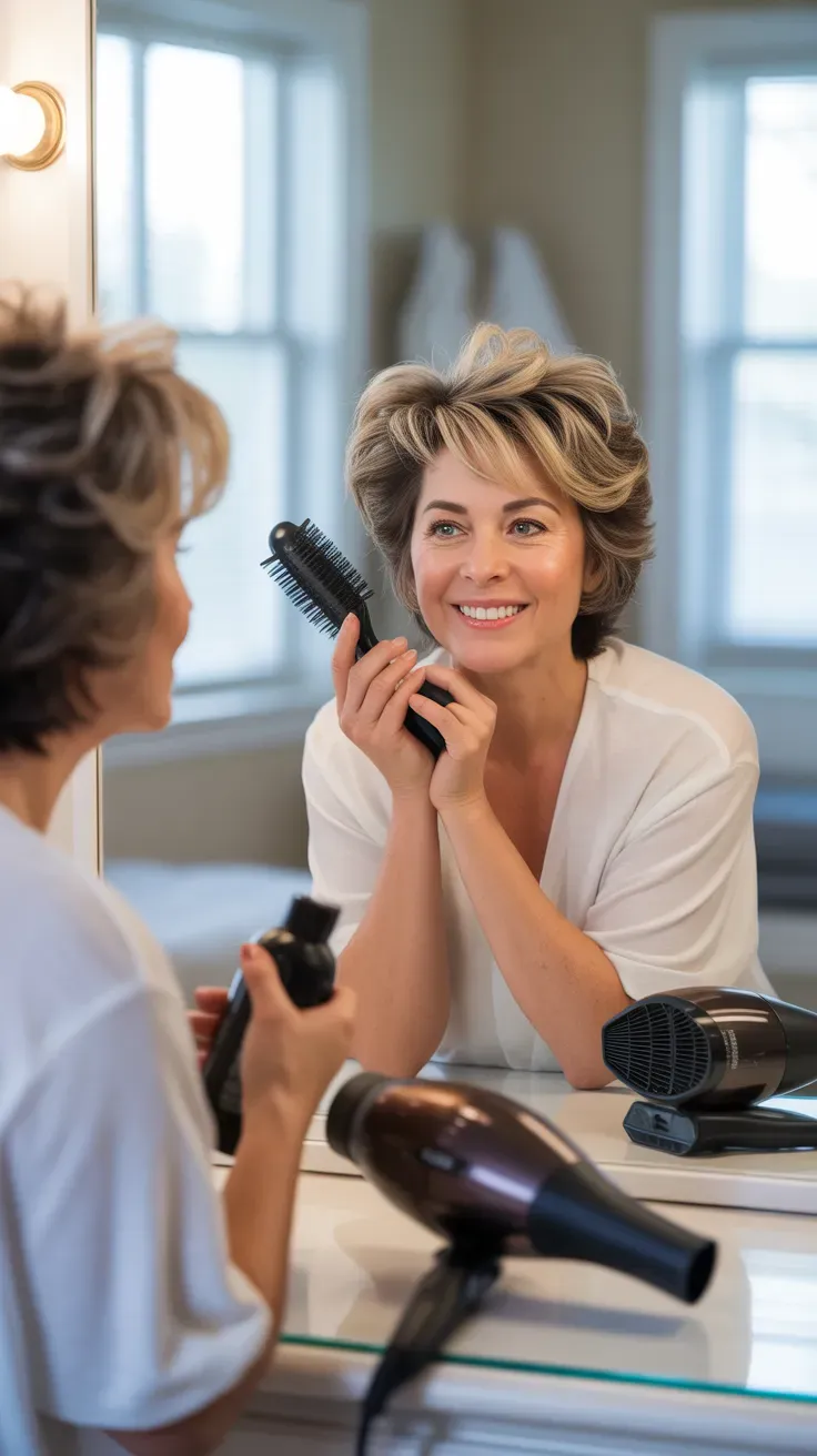 Short layered haircut with lifted crown volume for thin fine hair