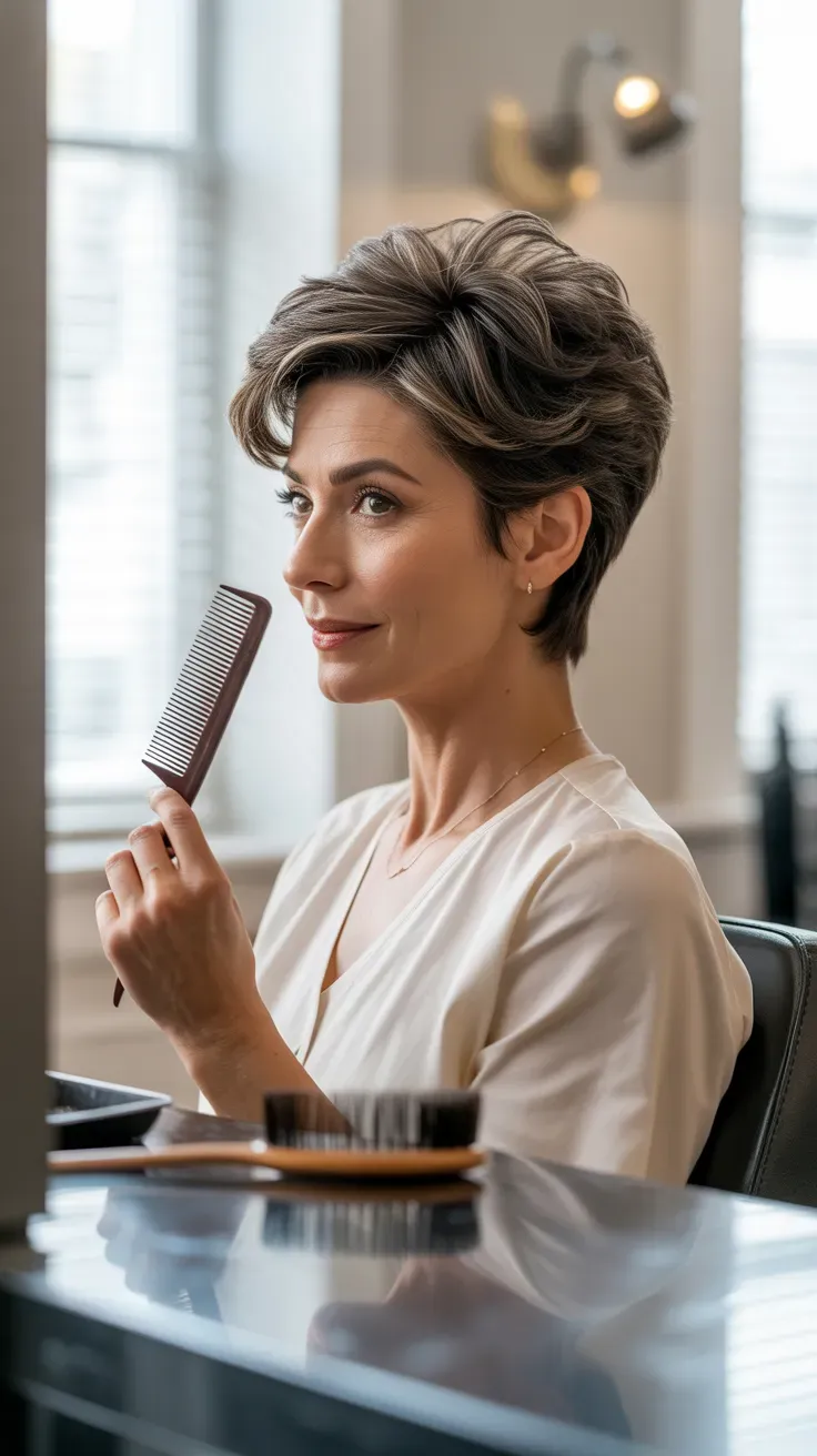 Woman over 50 with a classic volumizing pixie haircut for thin fine hair