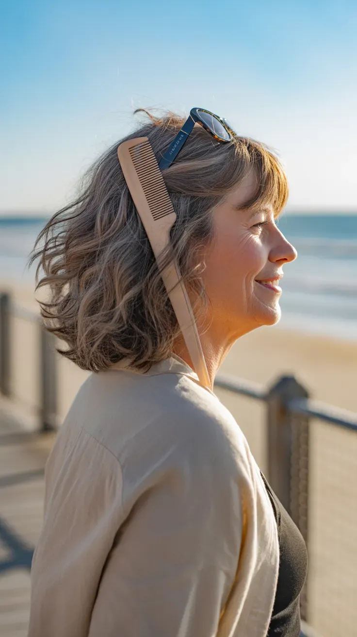 Wavy lob haircut on woman over 50 with textured layers