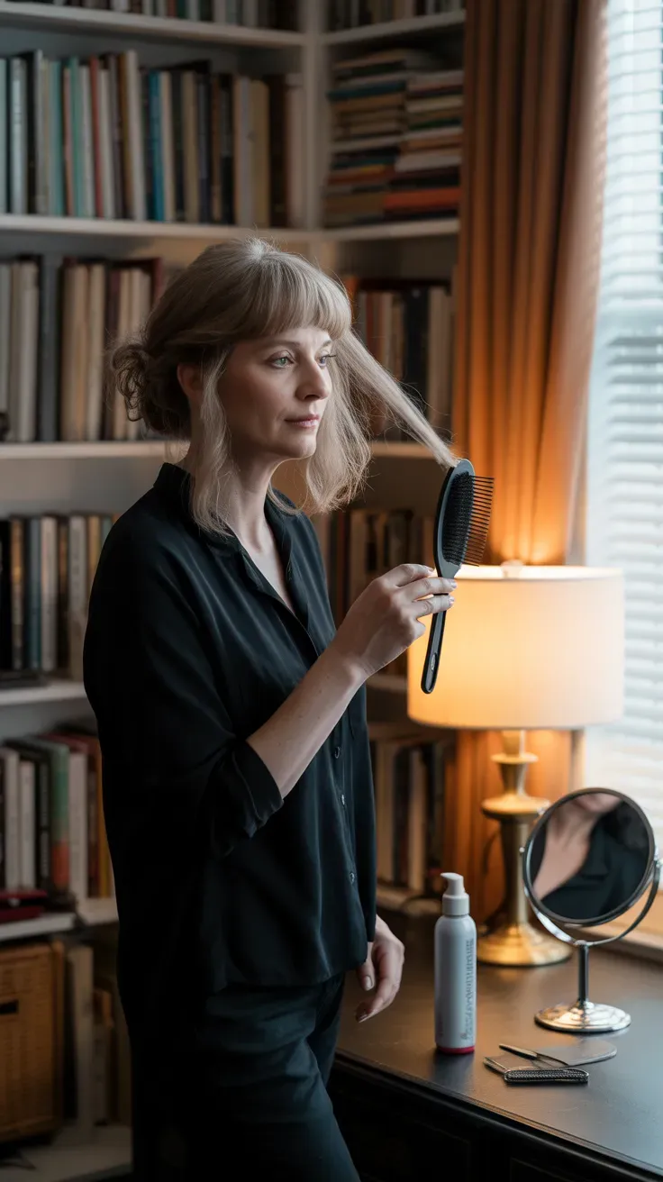 Wispy curtain bangs on woman over 50 with thin fine hair