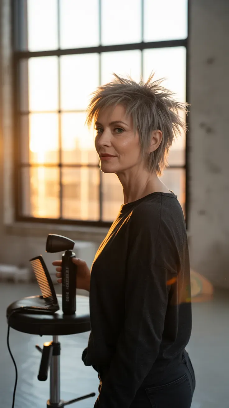 Wolf-inspired crop haircut on woman over 50 with textured spiky layers