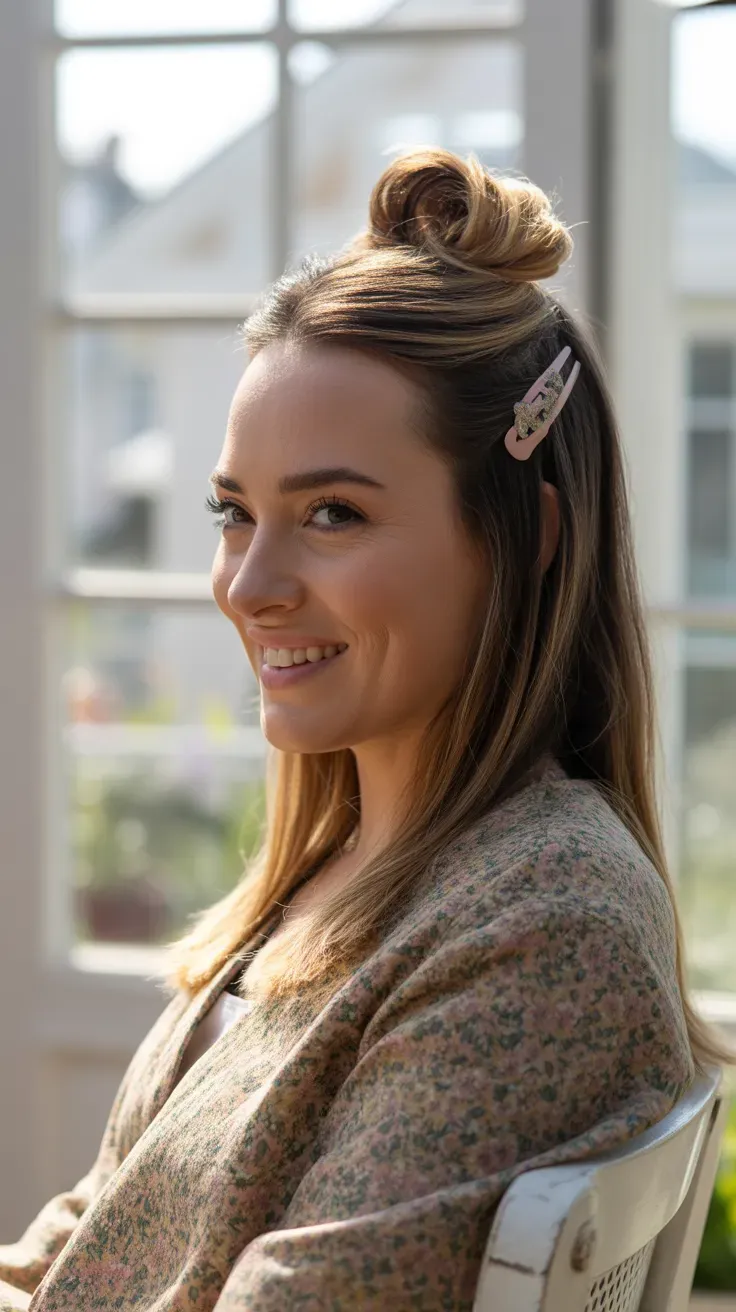 Woman wearing a half-up hairstyle secured with a decorative clip and soft crown volume