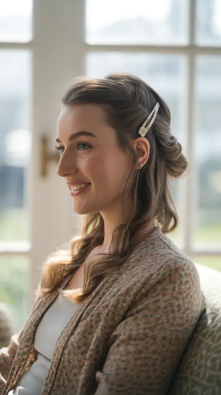 Woman wearing a half-up hairstyle secured with a decorative clip and soft crown volume