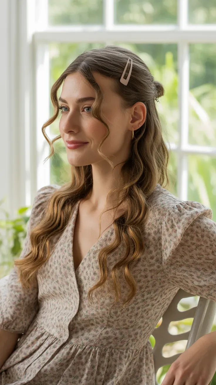 Woman with a half-up wavy hairstyle secured with a small clip