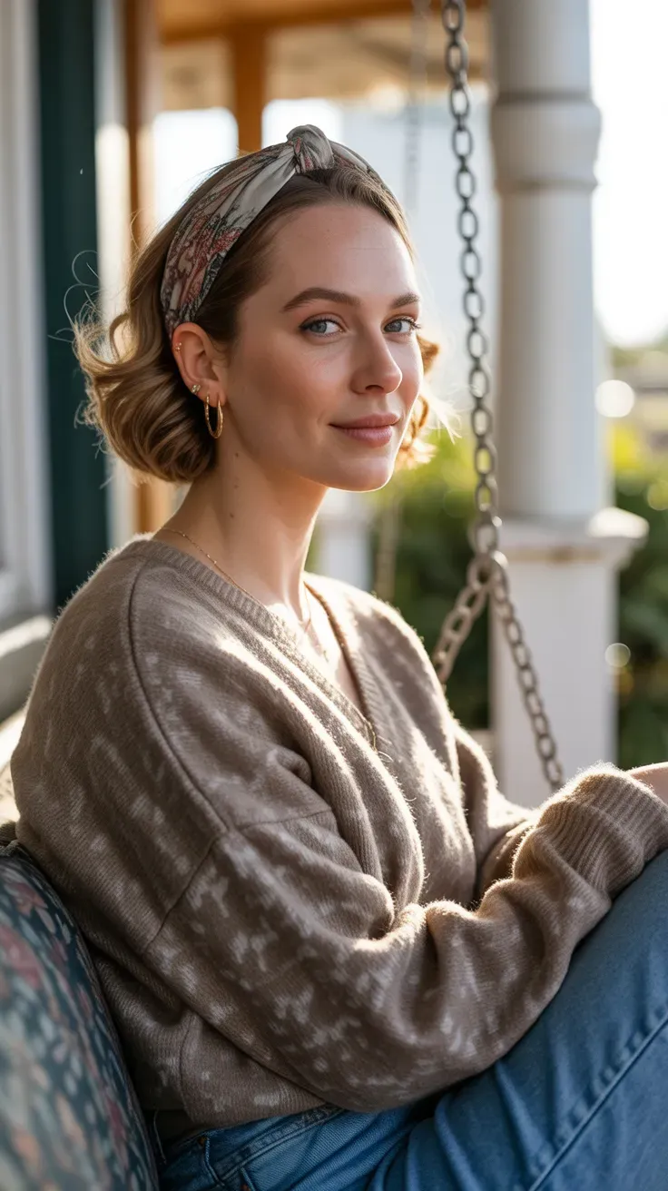 Woman with soft loose waves styled with a fabric headband pushing hair back