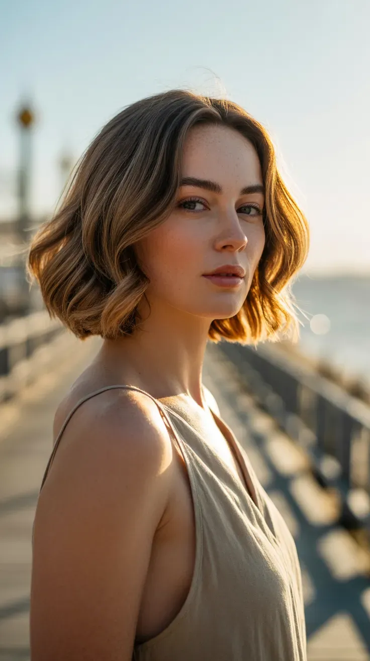 Woman with a layered bob styled with soft beachy waves