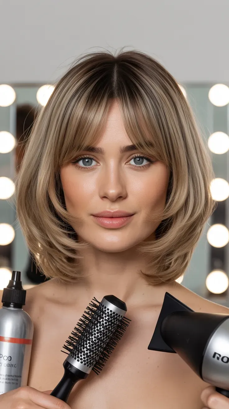 Woman with a layered bob and soft curtain bangs framing the cheekbones