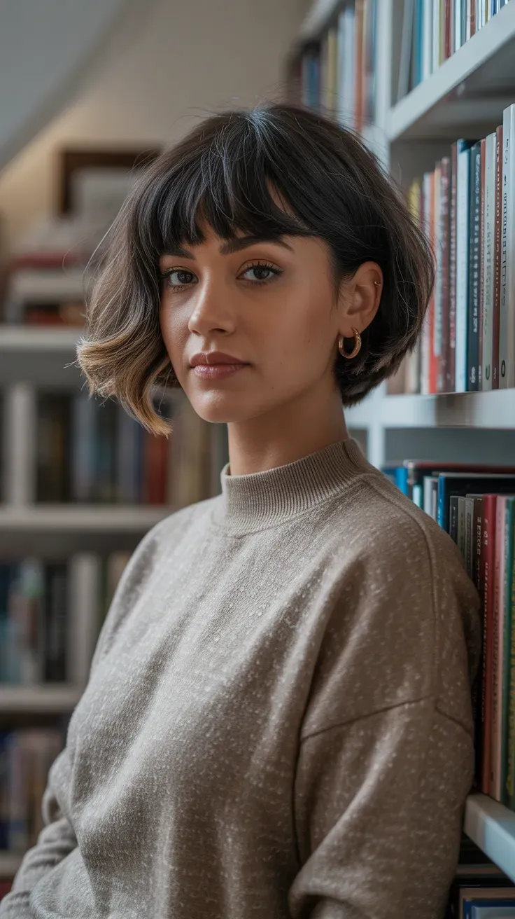 Woman with a short layered crop haircut and wispy bangs across the forehead