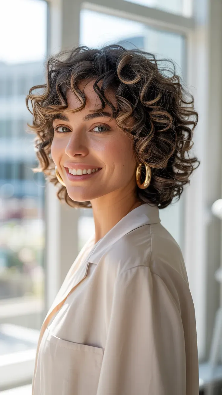 Woman with a layered curly bob showing bouncy defined curls at chin length