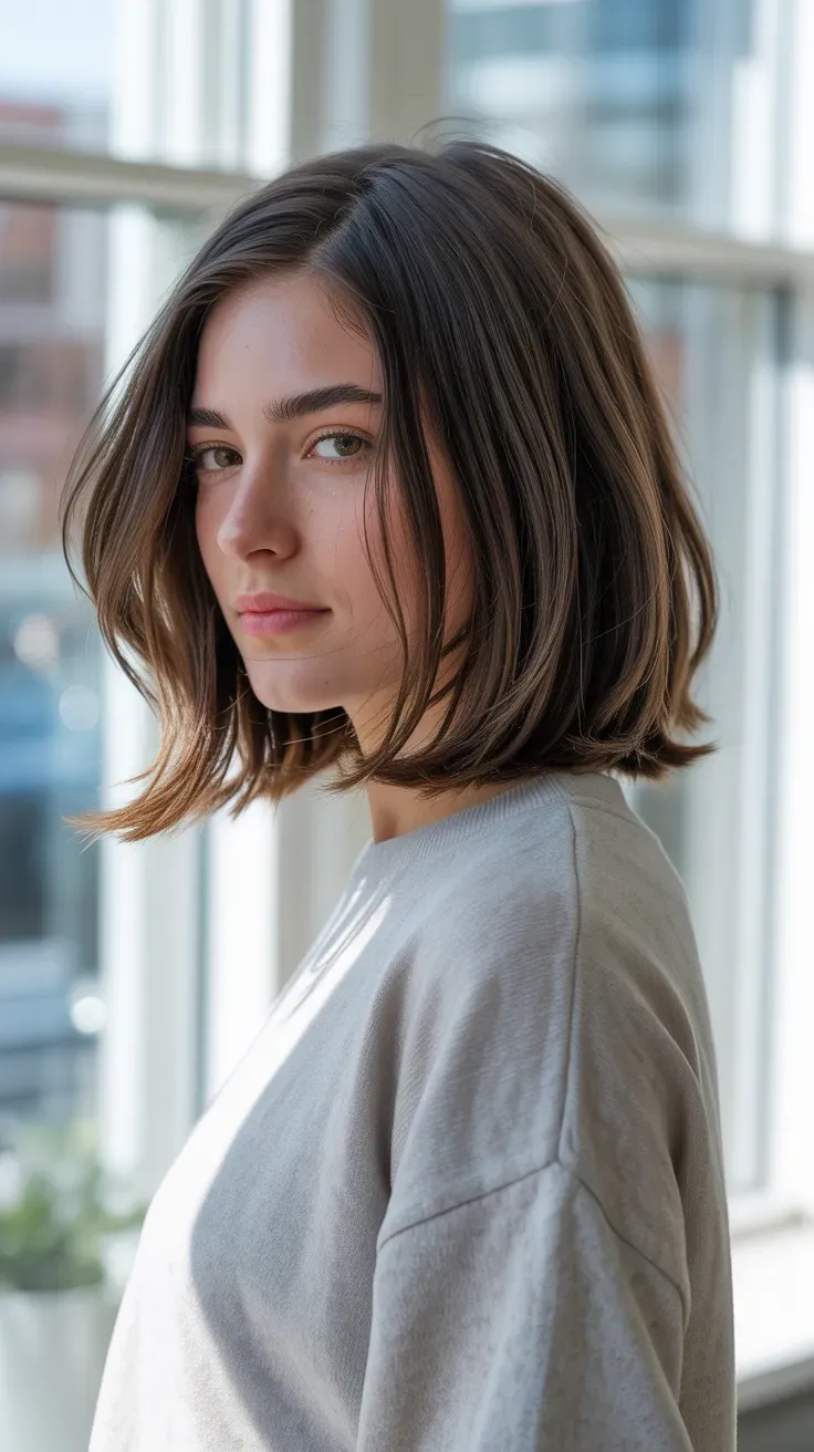 Woman with a layered long bob featuring soft face-framing pieces at the front