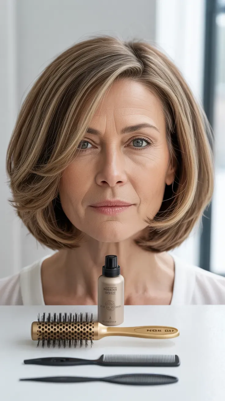 Woman over 50 with a layered long bob styled with soft movement