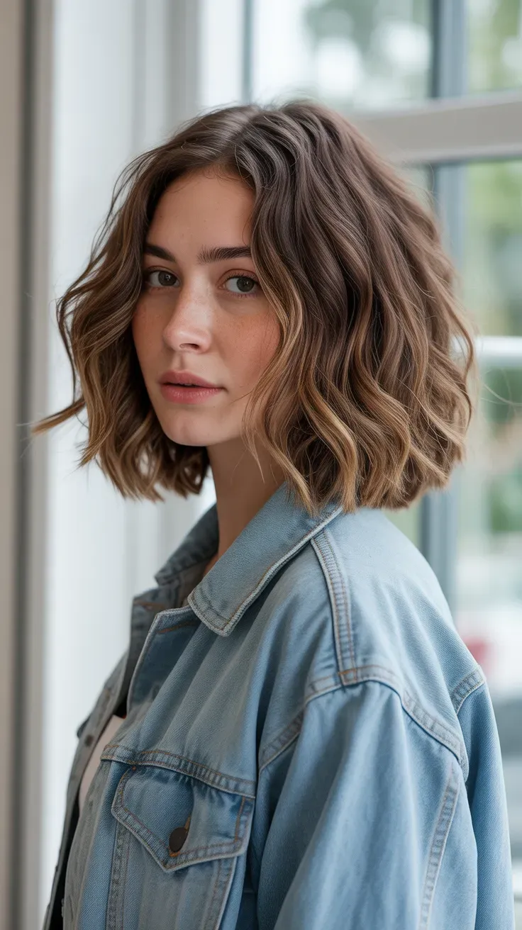Woman with a layered long bob showing natural wavy texture and movement
