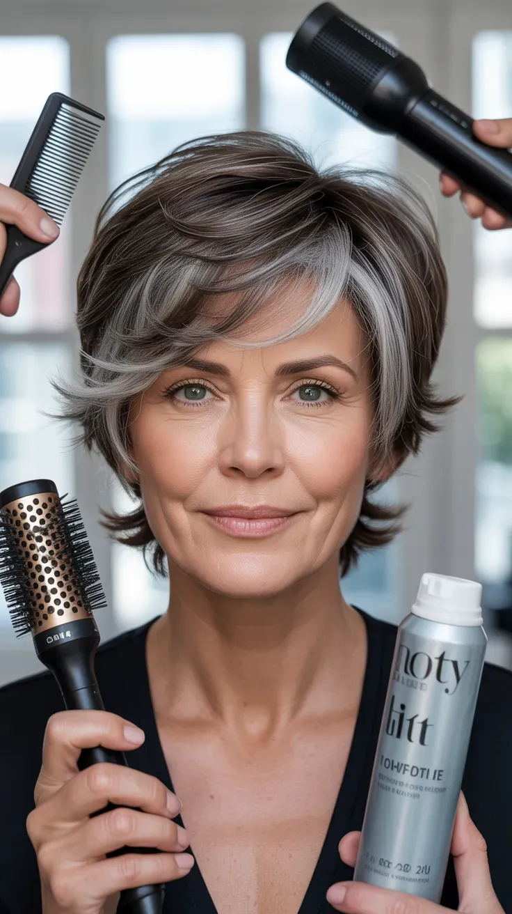 Woman over 50 with a layered pixie styled with lifted, voluminous gray roots