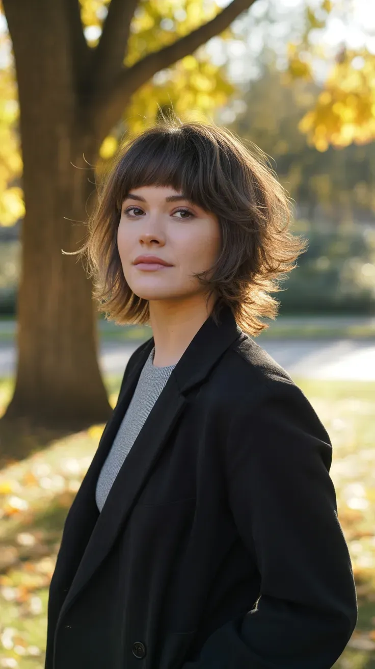 Woman with a layered shag haircut and soft curtain bangs framing her cheekbones