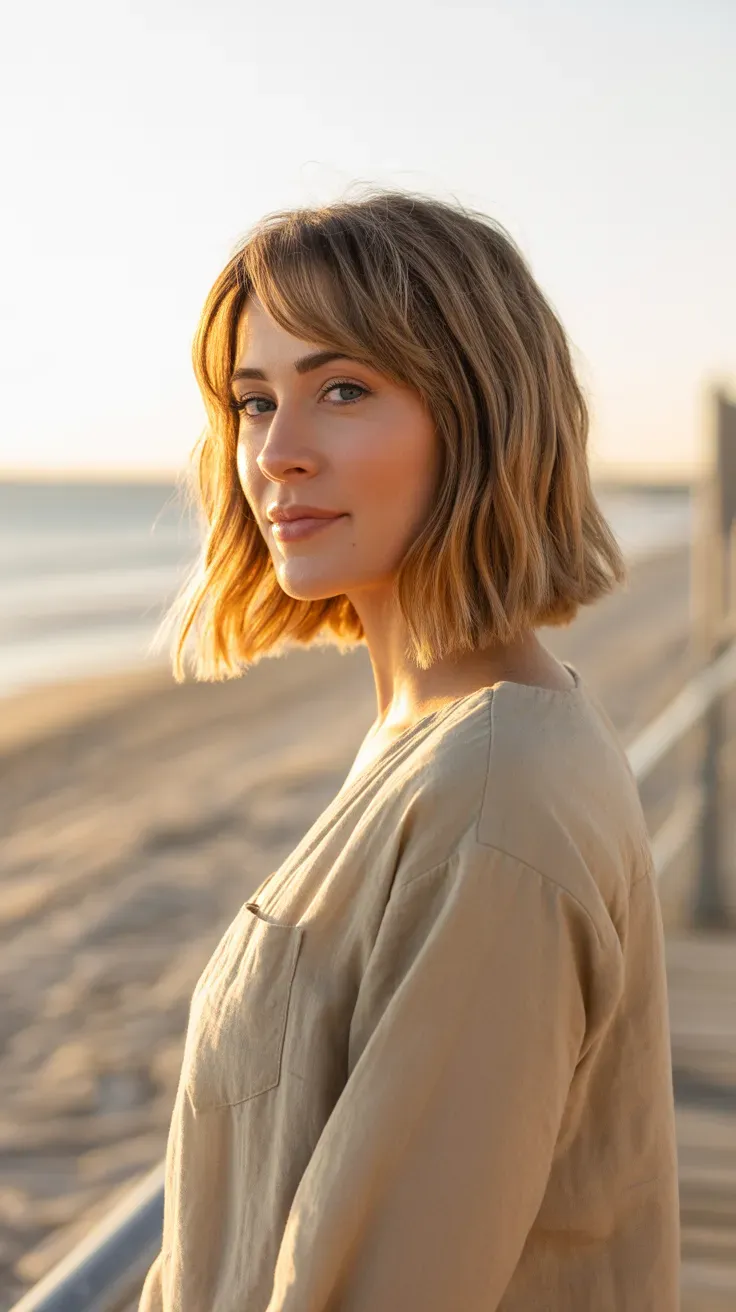Woman with a long bob styled with soft beachy waves and side-swept bangs