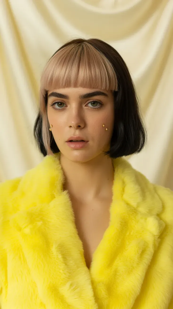 Woman with a long bob paired with a bold blunt eyebrow-skimming fringe