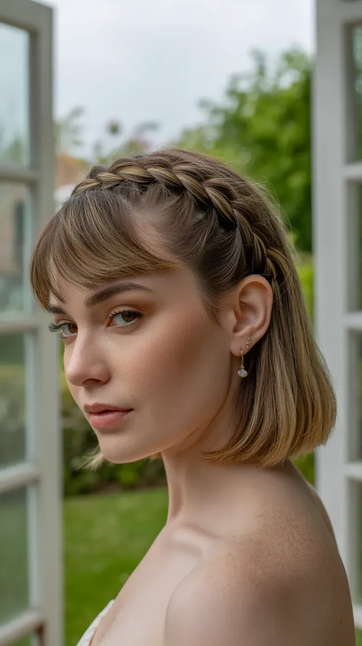 Woman with a long bob featuring a delicate thin braid wrapped around the crown alongside bangs