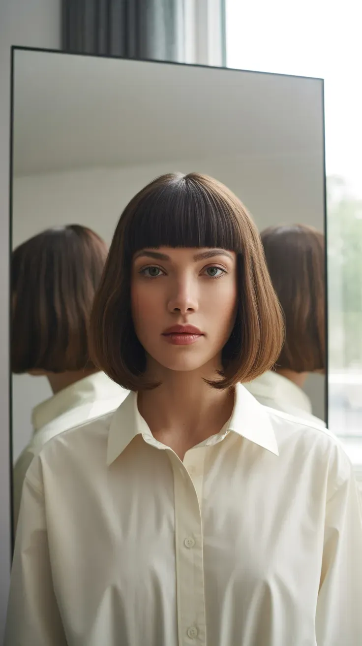Woman with a long bob and bangs styled with a symmetrical center part