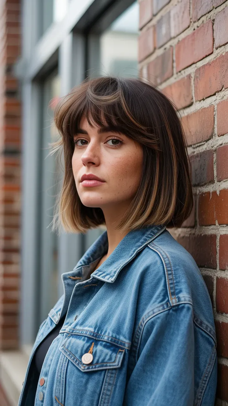 Woman with a long bob featuring choppy textured bangs