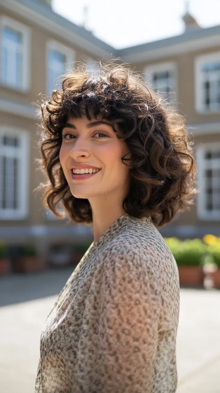 Woman with a long bob showing natural curly texture and soft curly bangs