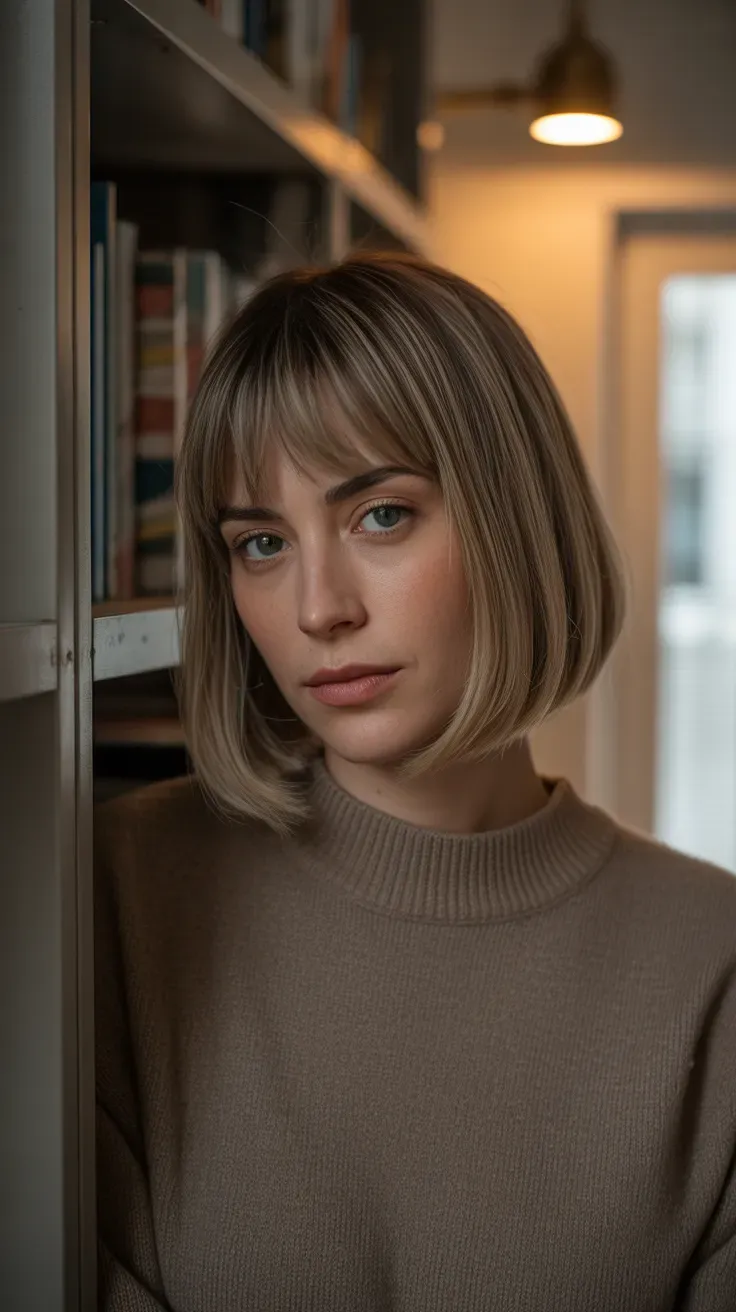 Woman with a long bob and soft curtain bangs parted at the center