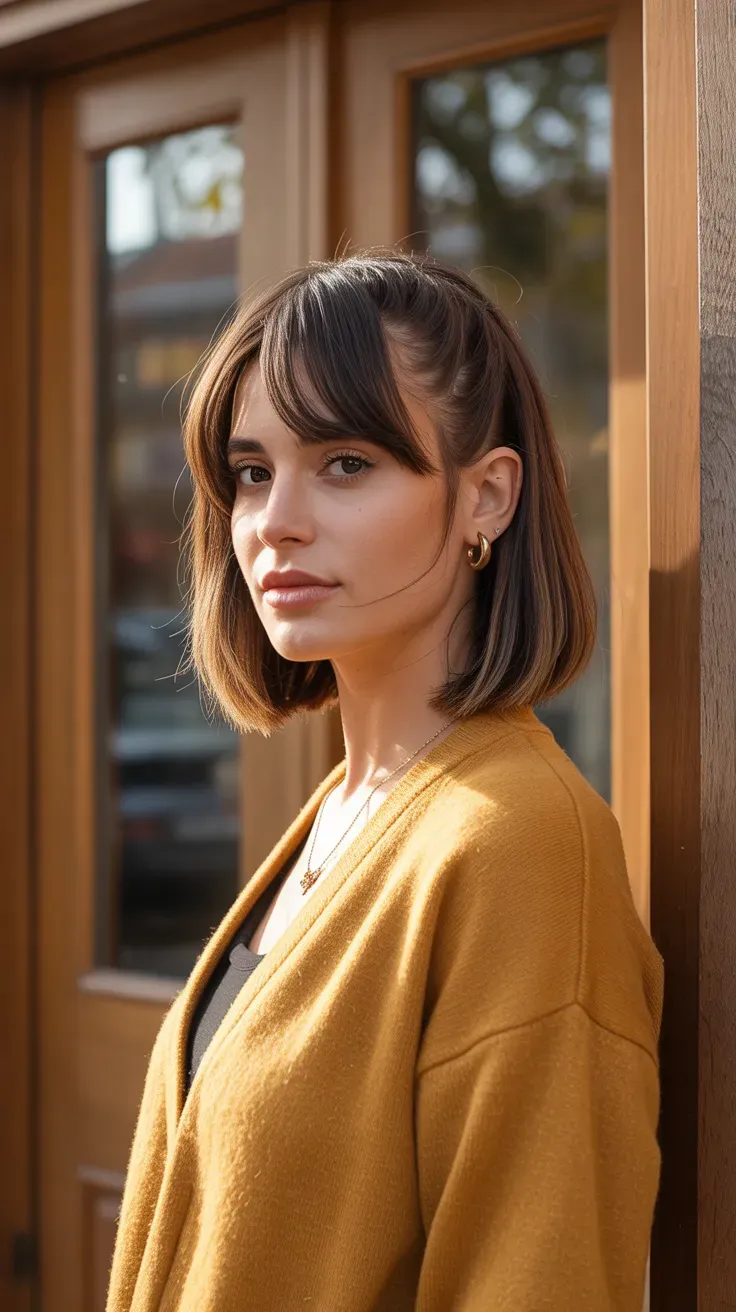 Woman with a long bob styled with a dramatic deep side part and swept bangs