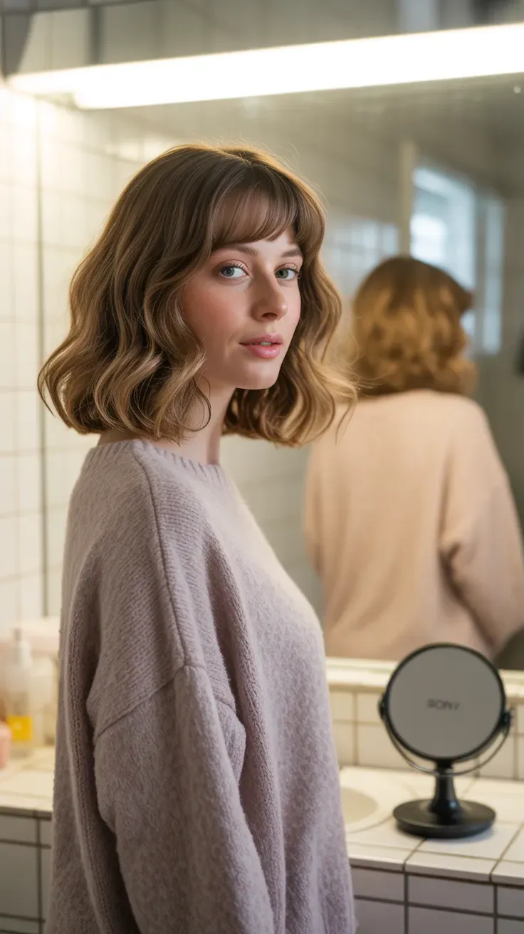 Woman with a long bob styled using a diffuser for soft natural waves and bangs