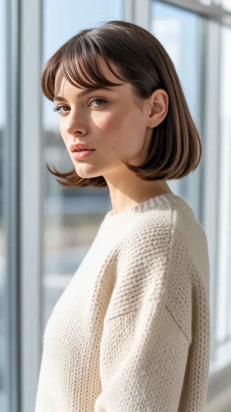 Woman with a long bob featuring soft face-framing bangs at the front