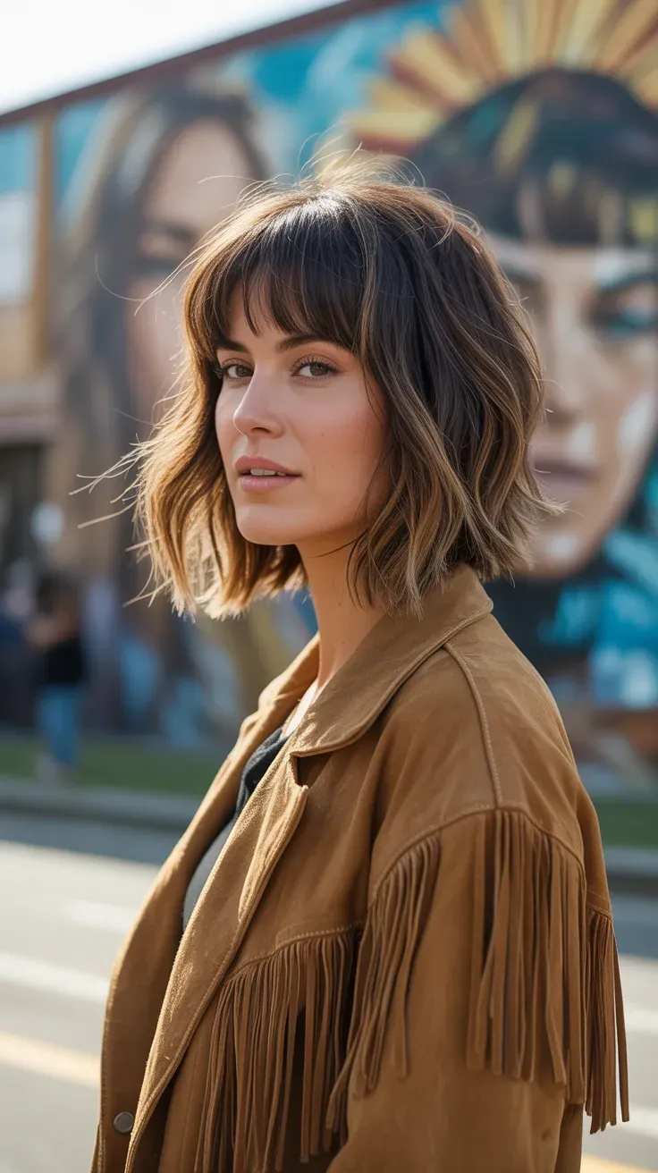 Woman with a long bob and feathered layered bangs blending into the sides