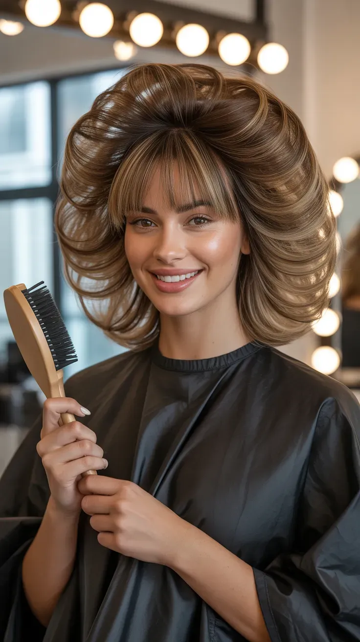 Woman with a long bob styled into a full voluminous glossy blowout with bangs