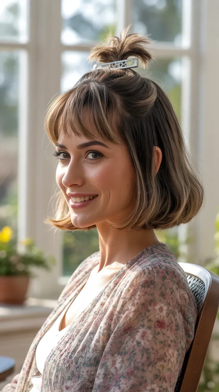 Woman with a half-up long bob hairstyle secured with a decorative clip and bangs