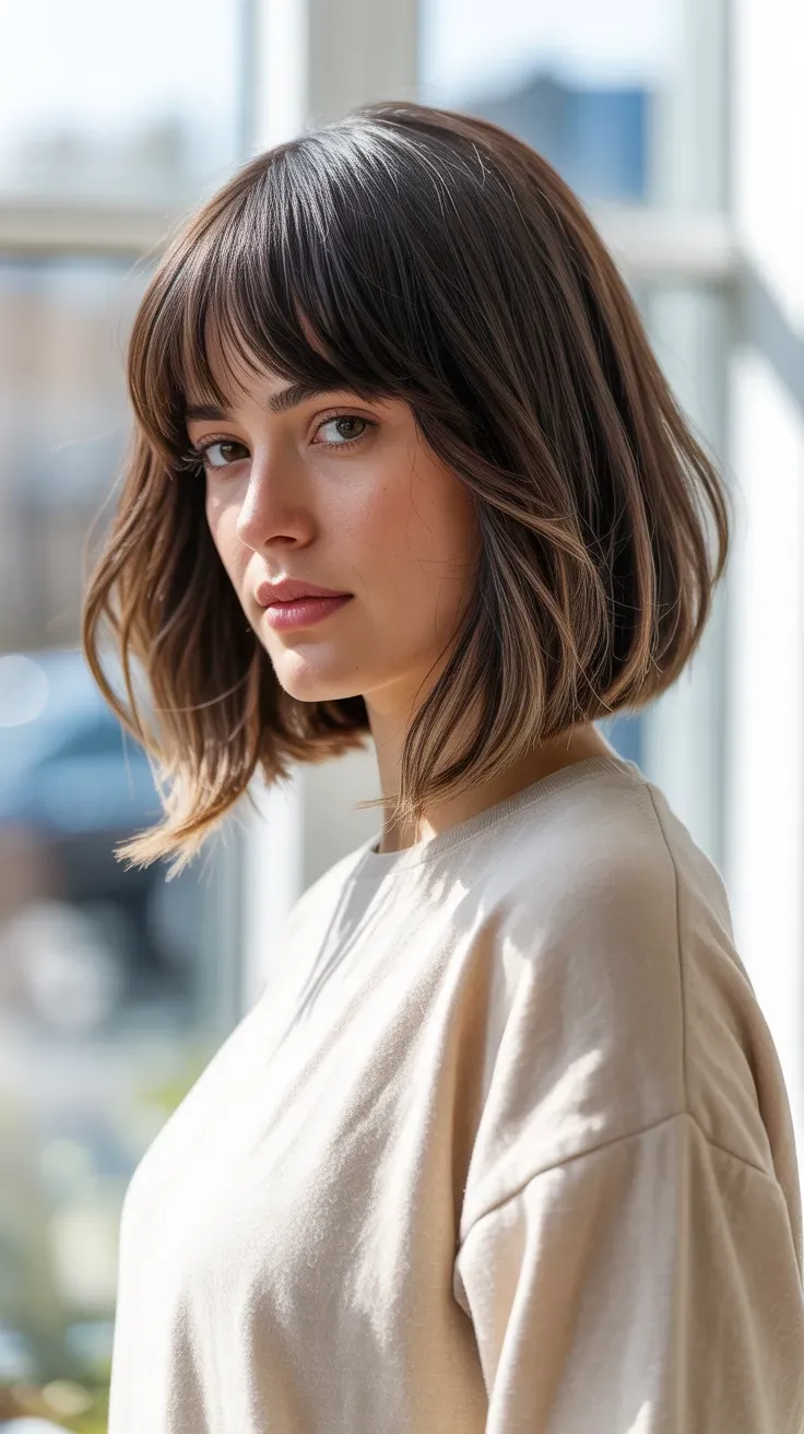 Woman with a long bob featuring layered bangs blending into face-framing pieces