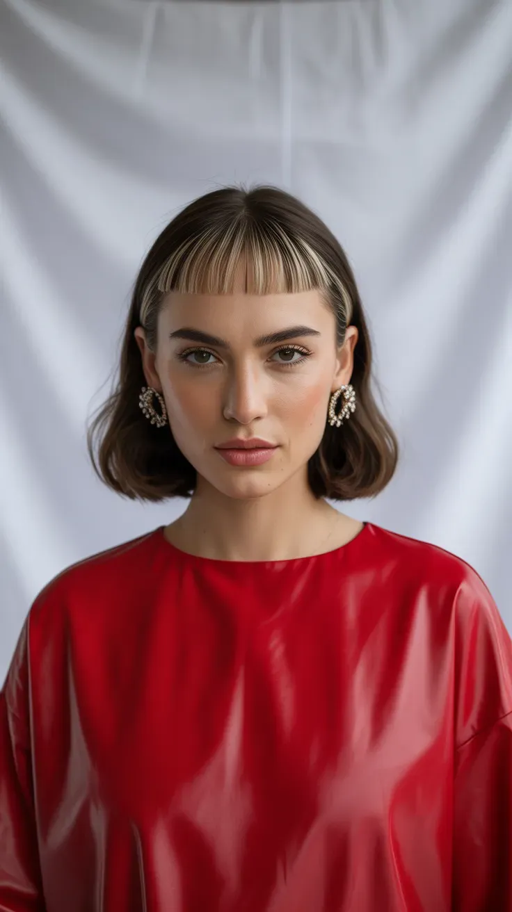 Woman with a long bob and short micro bangs above the eyebrows