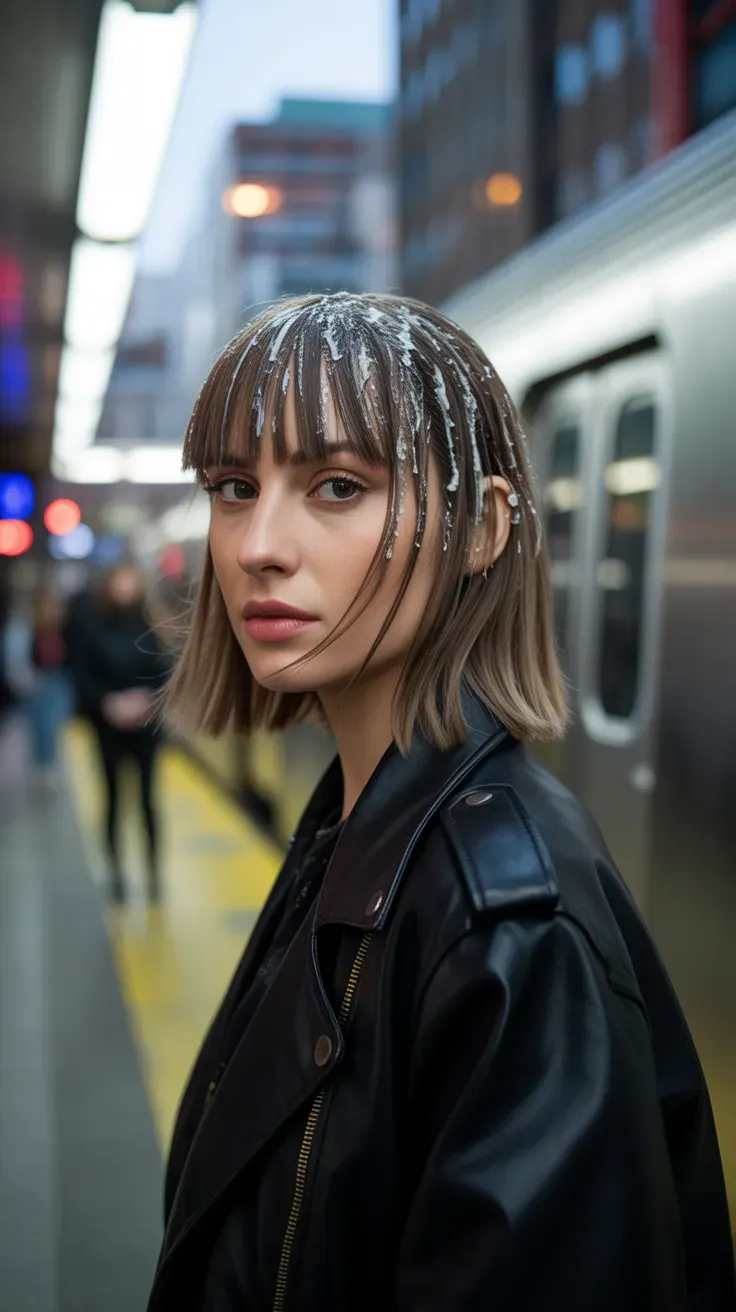 Woman with a long bob styled with defined piecey bangs using texturizing paste