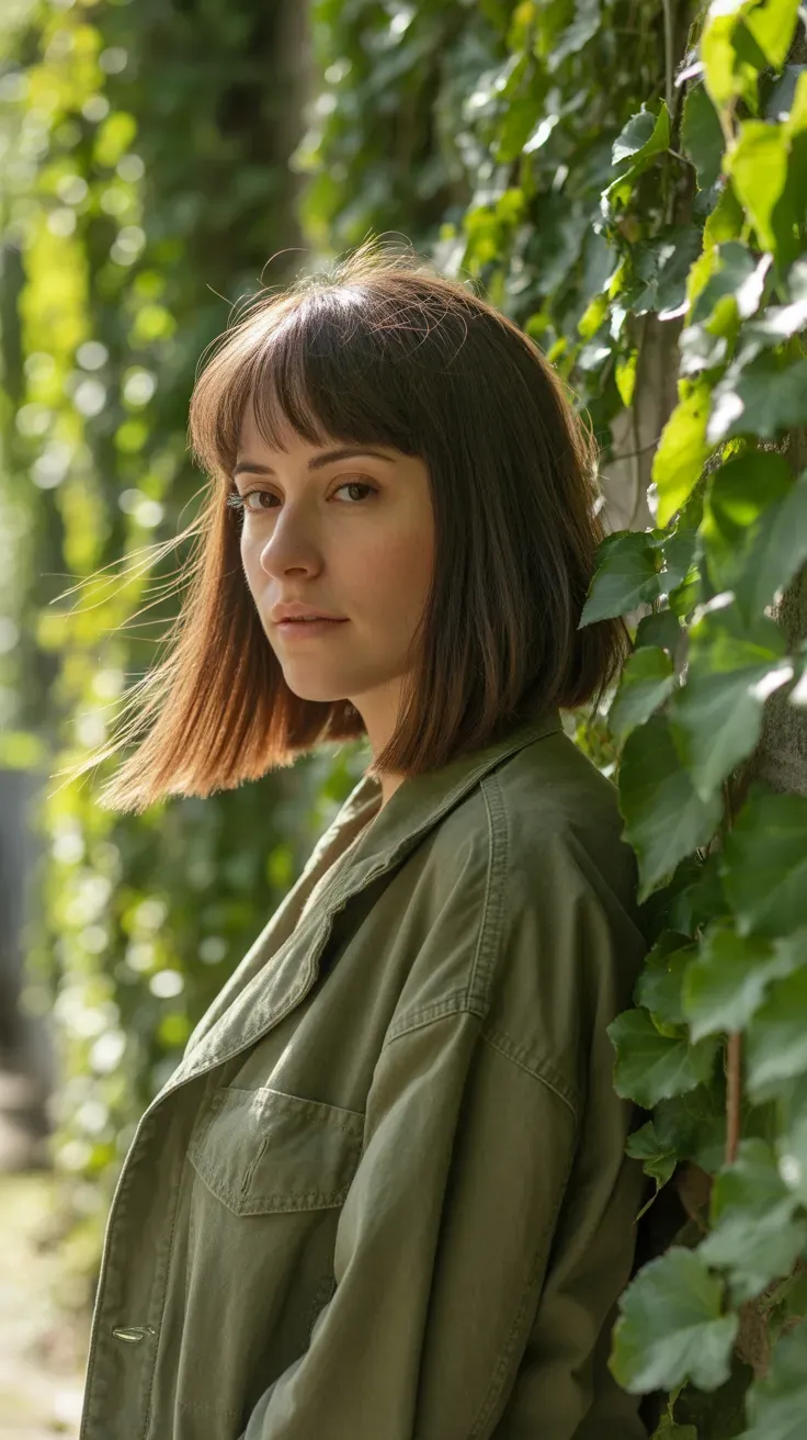 Woman with a long bob featuring soft razor-cut bangs for added texture
