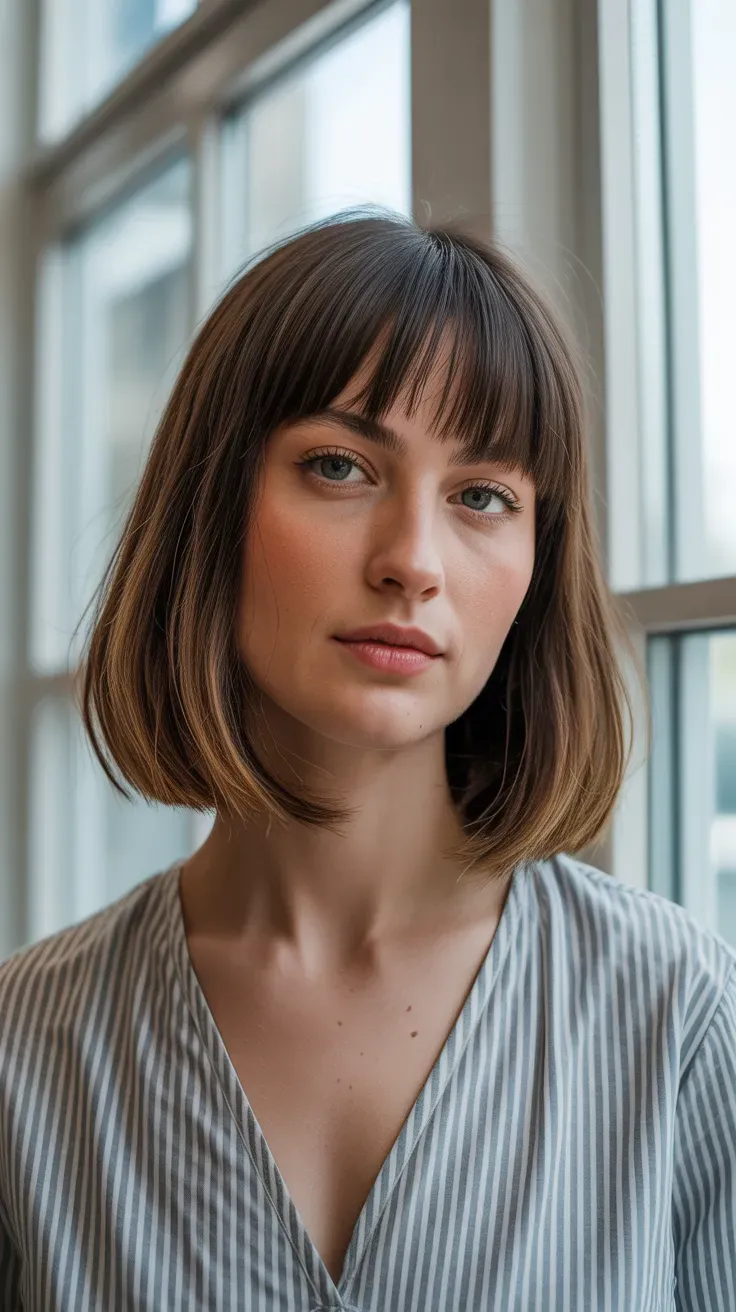 Woman with a long bob showing visible lift and volume at the roots with soft bangs