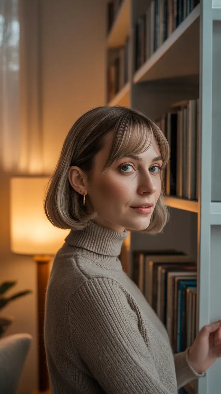Woman with a long bob and soft side-swept bangs framing the forehead