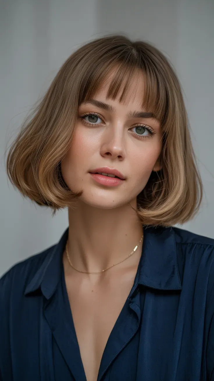 Woman with a long bob styled with loose soft waves and curtain bangs