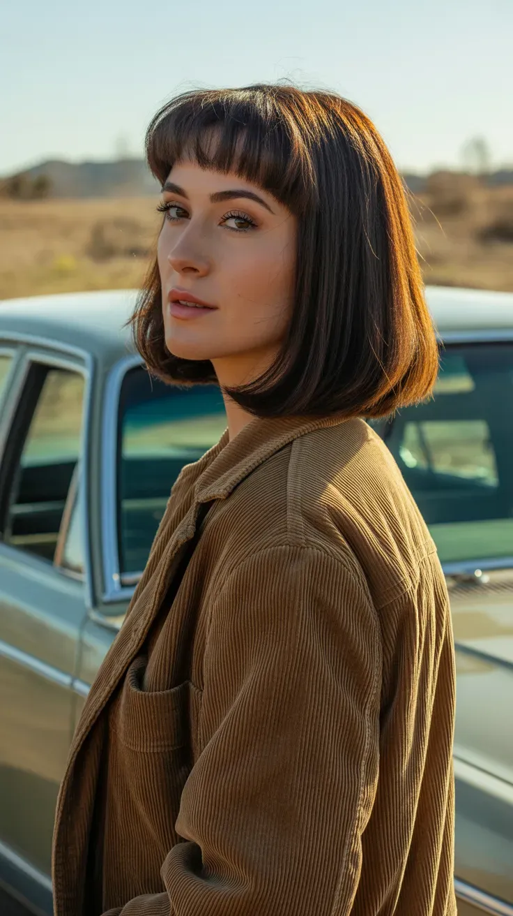 Woman with a long bob featuring heavily textured layers at the crown and soft bangs